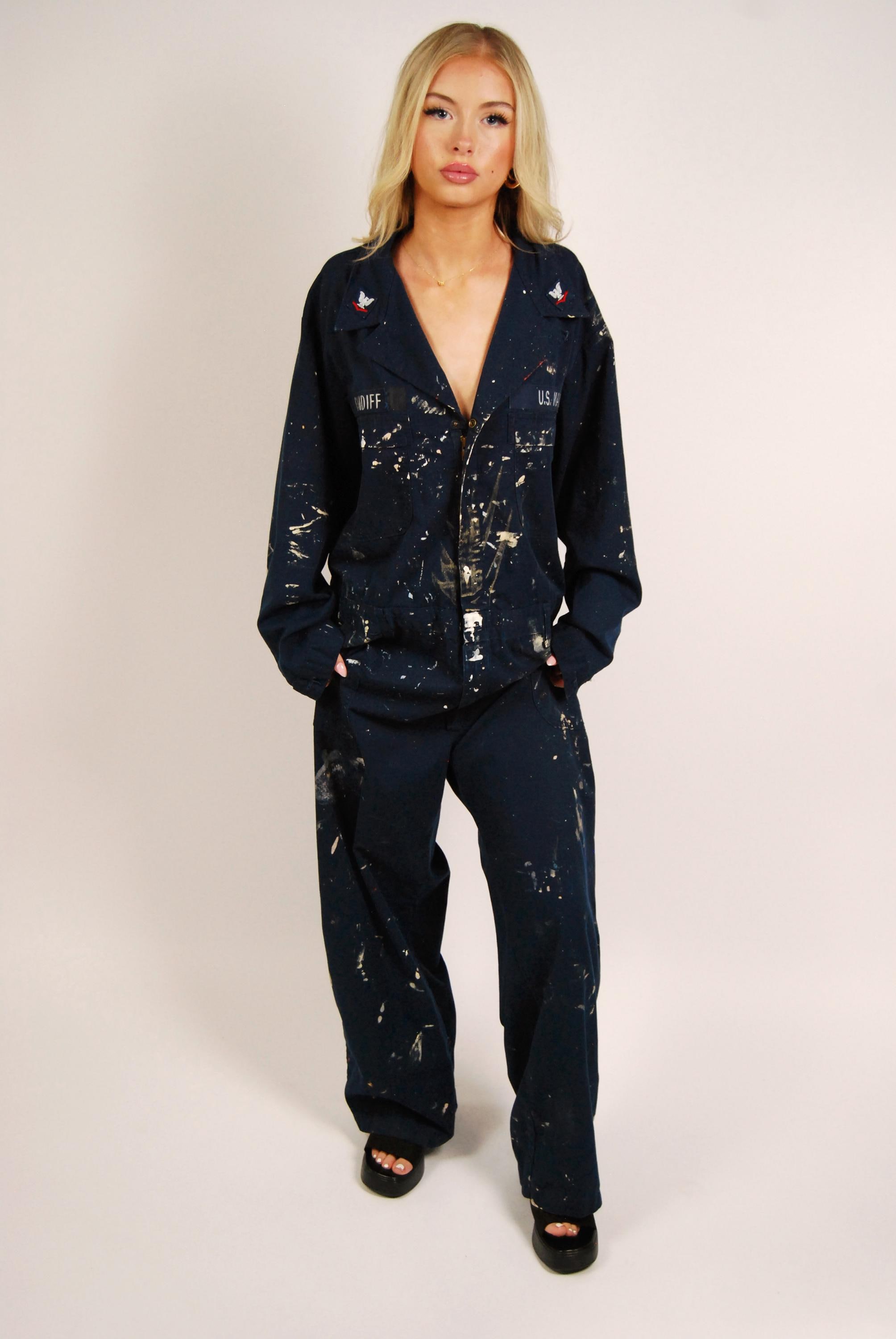 Vintage 80s U.S. Navy Coveralls (XXL) Navy Blue Painted Distressed