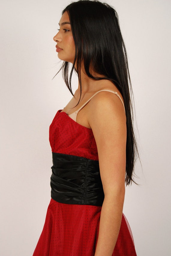 90s Prom Dress (M) vintage red polka dot ruched h… - image 6