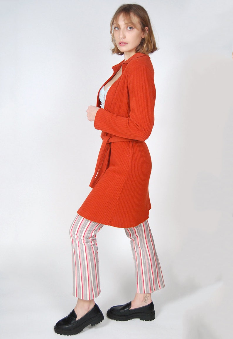 90s Long Cardigan L vintage rust brown orange knit sweater coat jacket tie belt wrap women slim fit robe spring summer ribbed minimal y2k image 6
