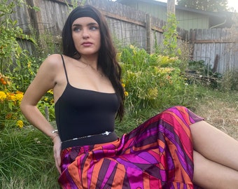 90s Abstract Skirt (26&quot;) vibrant purple orange pink brown geometric silky midi skirt small