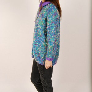 80s Fuzzy Cardigan L teal purple rainbow oversized kidcore sweater knit vintage large image 2