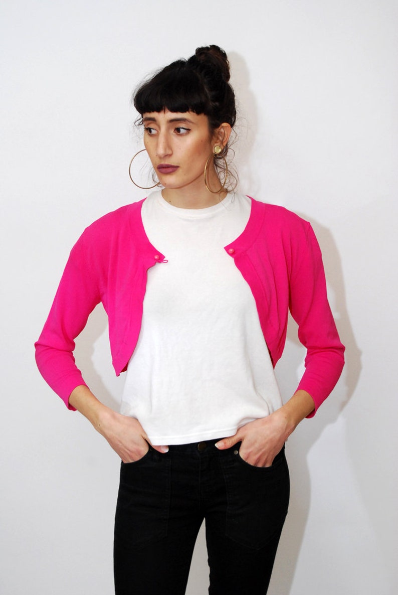 vintage hot pink top shirt blouse long sleeve petite skinny slim fit small xs medium neon sweater jumper minimal colorful 90 80s SHRUG SM