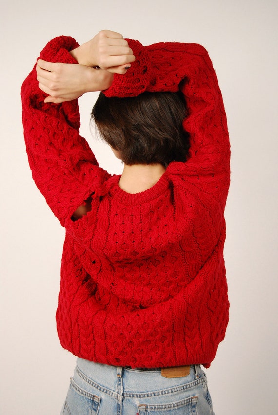 Distressed Fisherman Sweater (L) vintage 80s red … - image 5