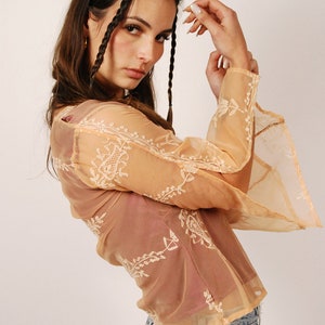 Silk Organza Top M vintage y2k peach embroidered bell sleeve medium image 5