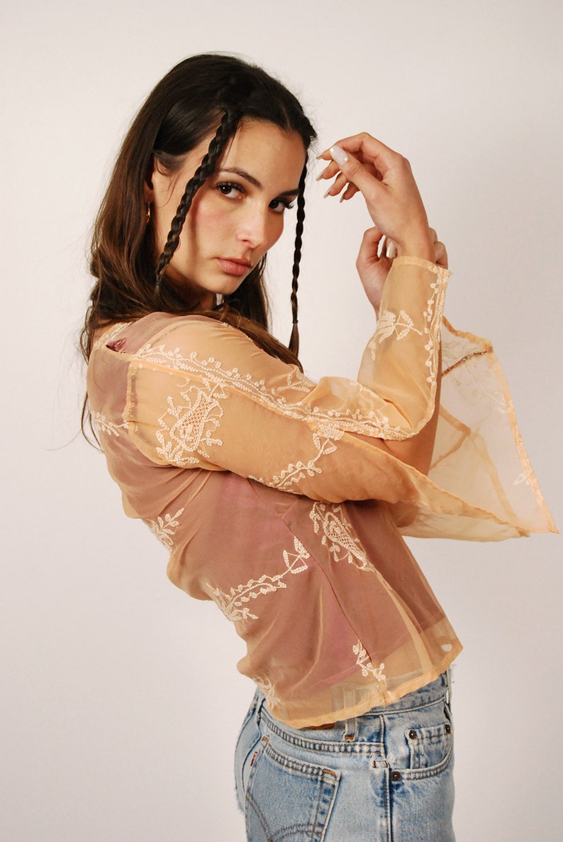 Silk Organza Top M vintage y2k peach embroidered bell sleeve medium image 5