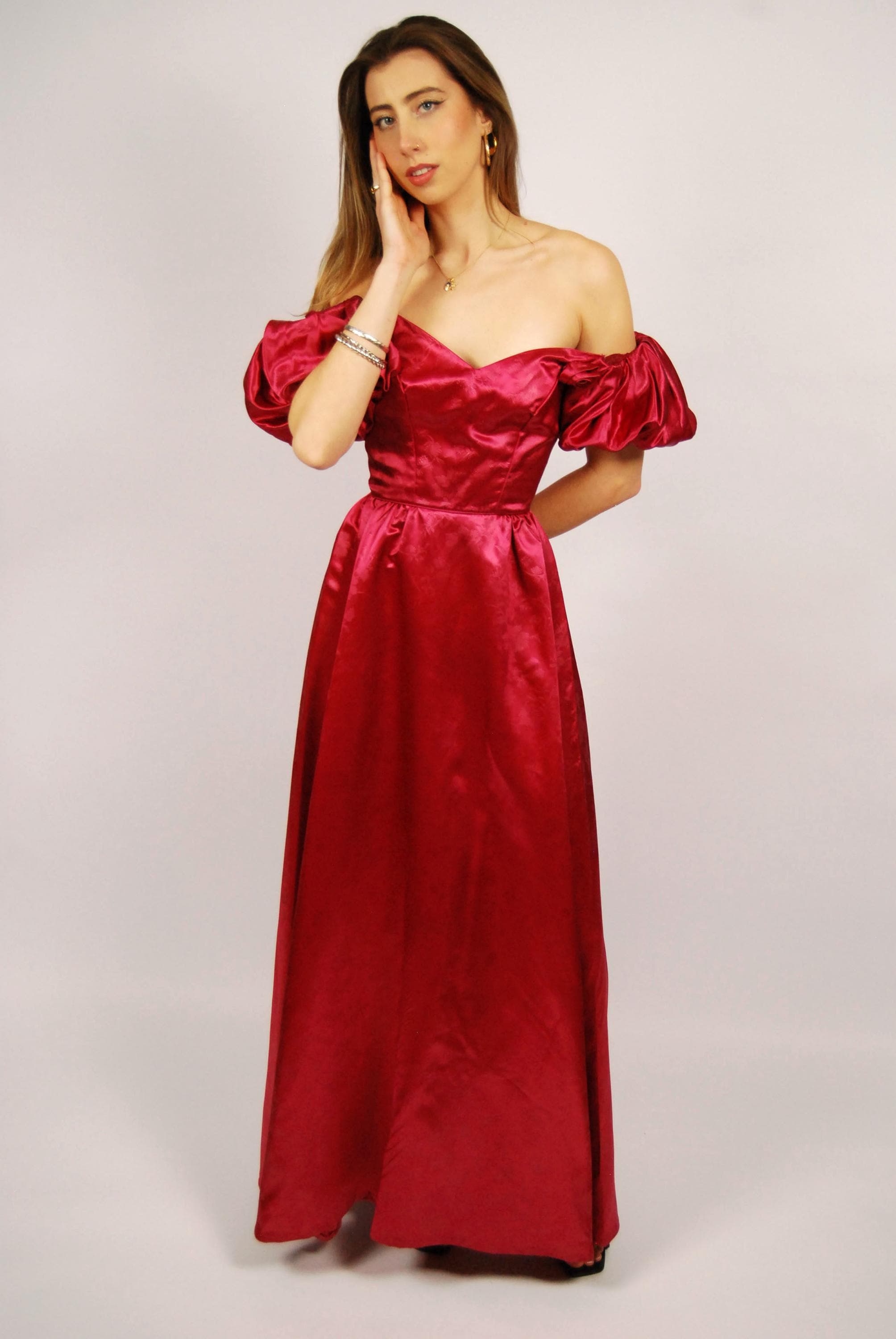 open lace back dress Bridgerton Inspired Regency Era Ruby Red Velvet Jacquard Ball Gown