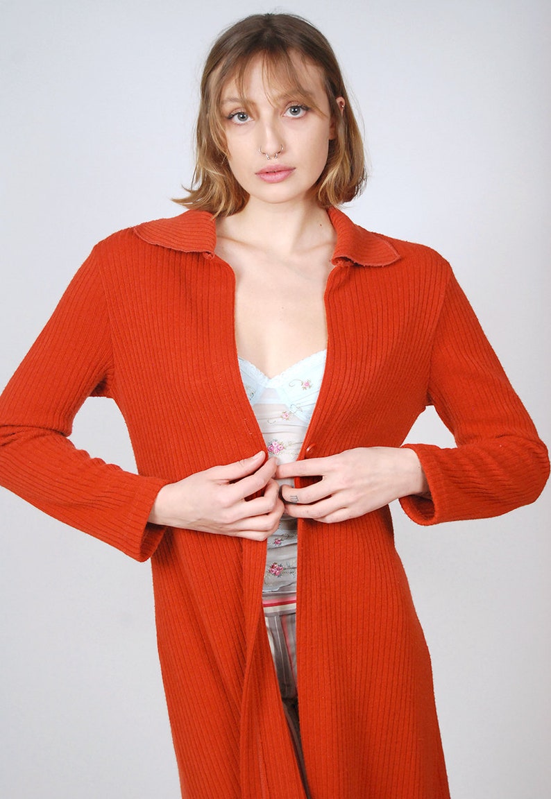 90s Long Cardigan L vintage rust brown orange knit sweater coat jacket tie belt wrap women slim fit robe spring summer ribbed minimal y2k image 2