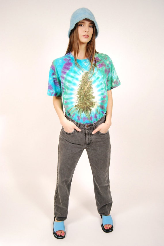 90s Weed T-shirt (L) vintage teal tie dye marijua… - image 8