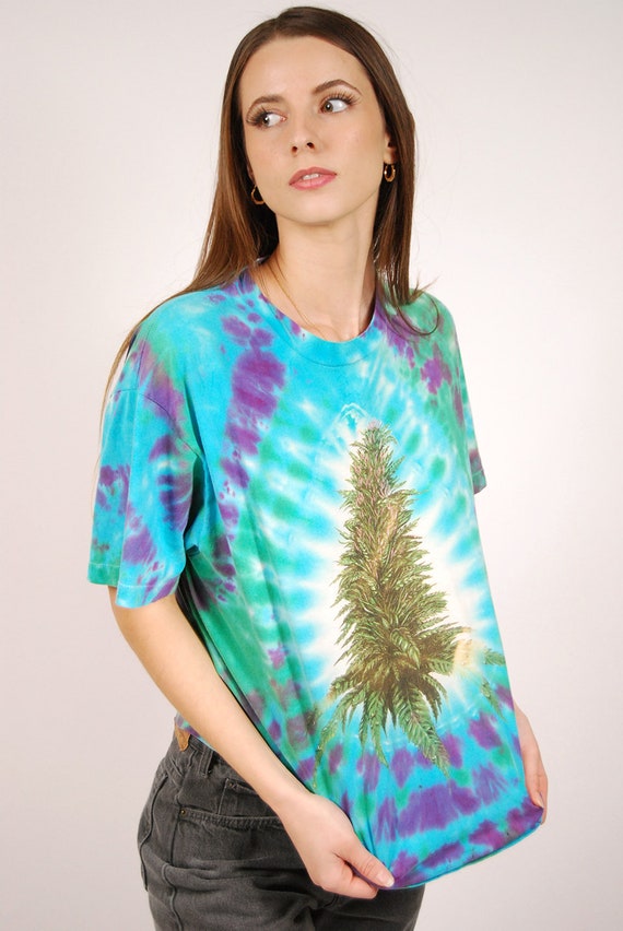 90s Weed T-shirt (L) vintage teal tie dye marijua… - image 4