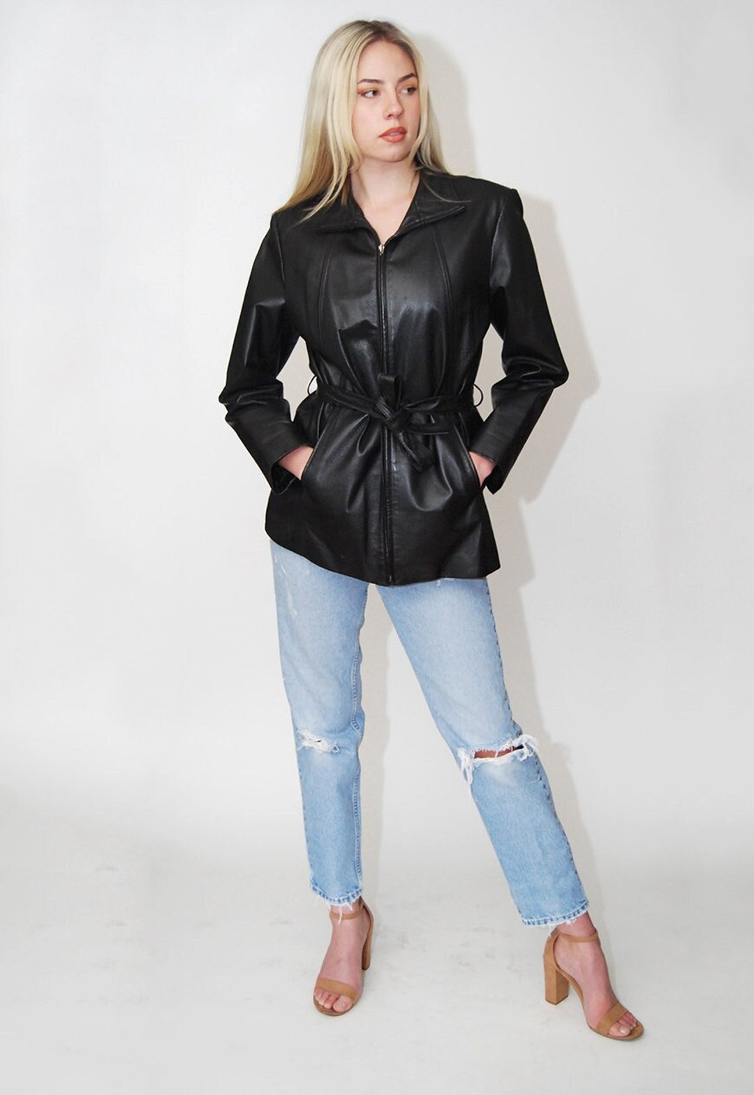 Leather Tie Jacket L Vintage 90s Women 