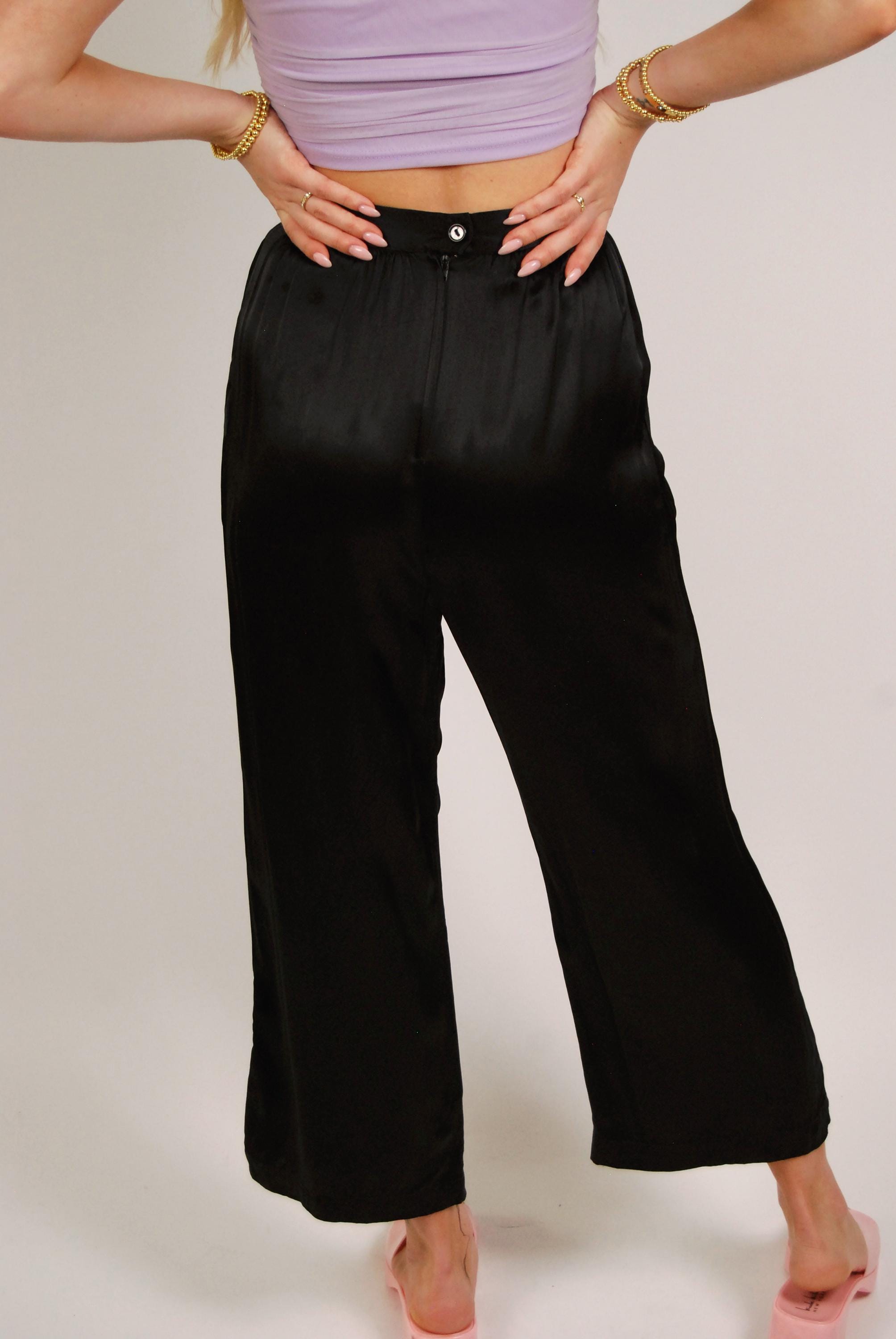 Vintage 60s Satin Trousers (XS) Black High Waisted Straight Leg