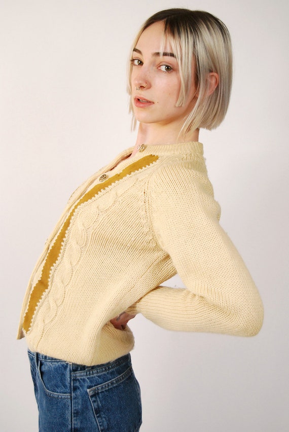50s Wool Cardigan (M) cream suede knit sweater wo… - image 7