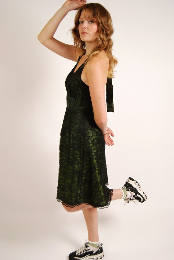 Y2k Fairy Dress (S) Vintage Green Black Lace Halter Mini Small
