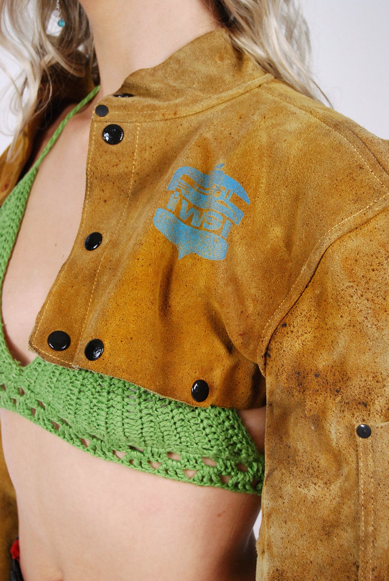 90s Suede Crop Jacket S vintage brown welding leather small image 7