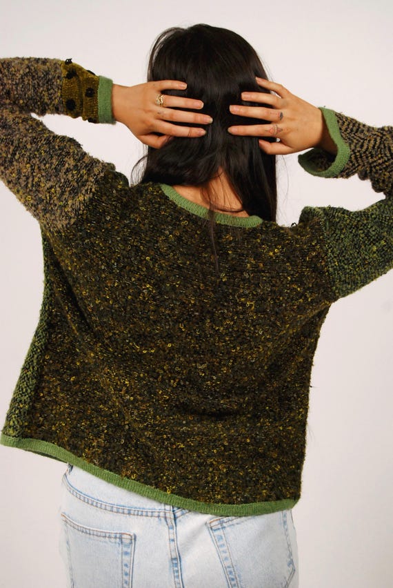 90s Multi Pattern Cardigan (M) patchwork green me… - image 6