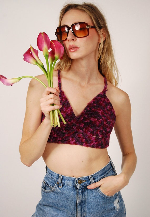 70s Purple Crochet Top (M) fuzzy soft pink plum m… - image 2