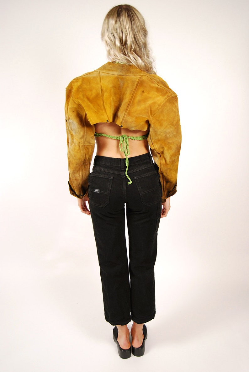 90s Suede Crop Jacket S vintage brown welding leather small image 3