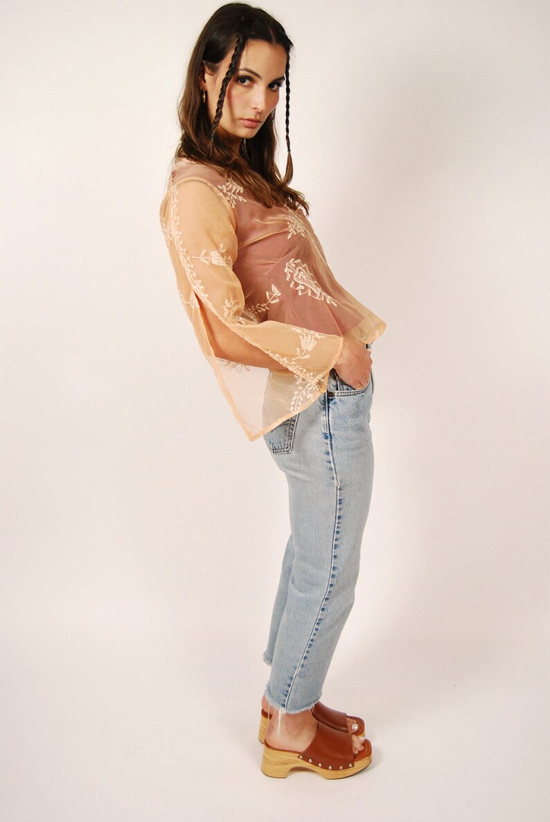 Silk Organza Top M vintage y2k peach embroidered bell sleeve medium image 3