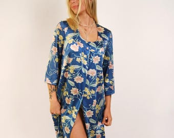 Jaren 70 House Coat (M) vintage blauwe jurk met floraprint medium