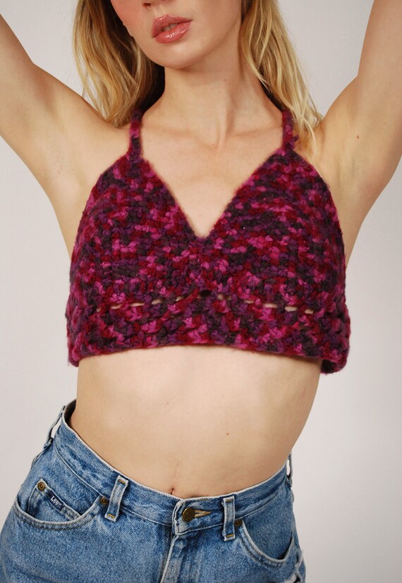 70s Purple Crochet Top (M) fuzzy soft pink plum m… - image 9