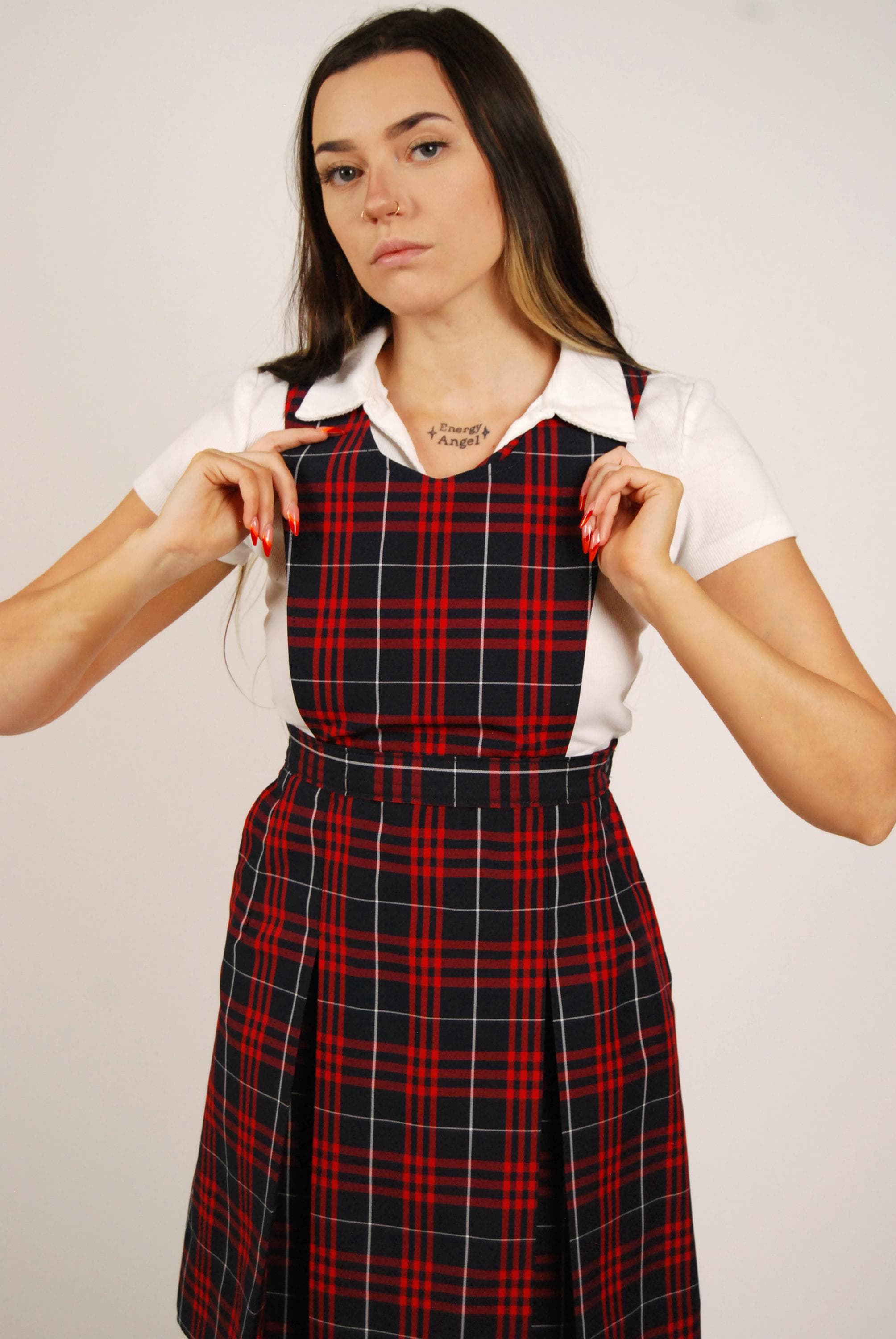 red and black plaid overall dress Plaid Overall Dress (S) Small Red Tartan Vintage Pinafore