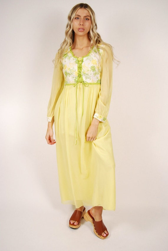 60s Chiffon Gown (M) vintage yellow floral embroid
