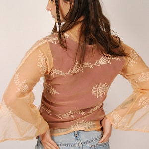 Silk Organza Top M vintage y2k peach embroidered bell sleeve medium image 8