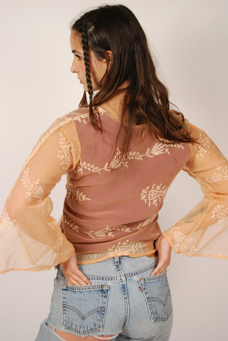 Silk Organza Top M vintage y2k peach embroidered bell sleeve medium image 8