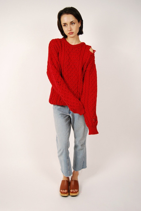 Distressed Fisherman Sweater (L) vintage 80s red … - image 1