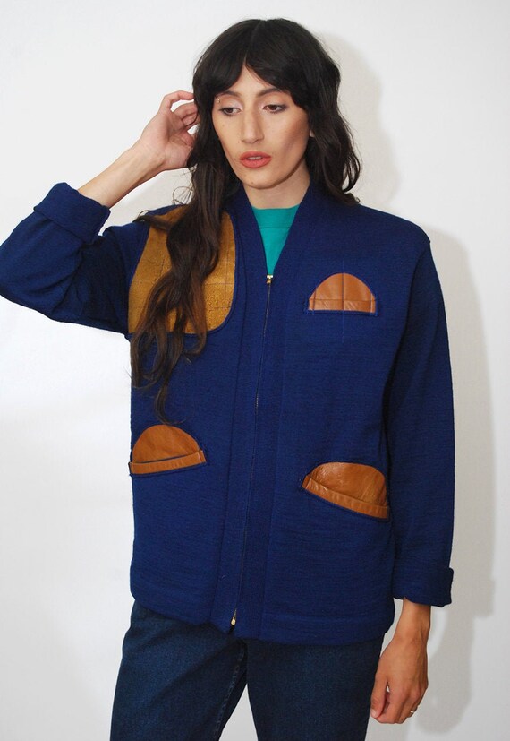 50s Hunting Cardigan (M) vintage blue zip up leath