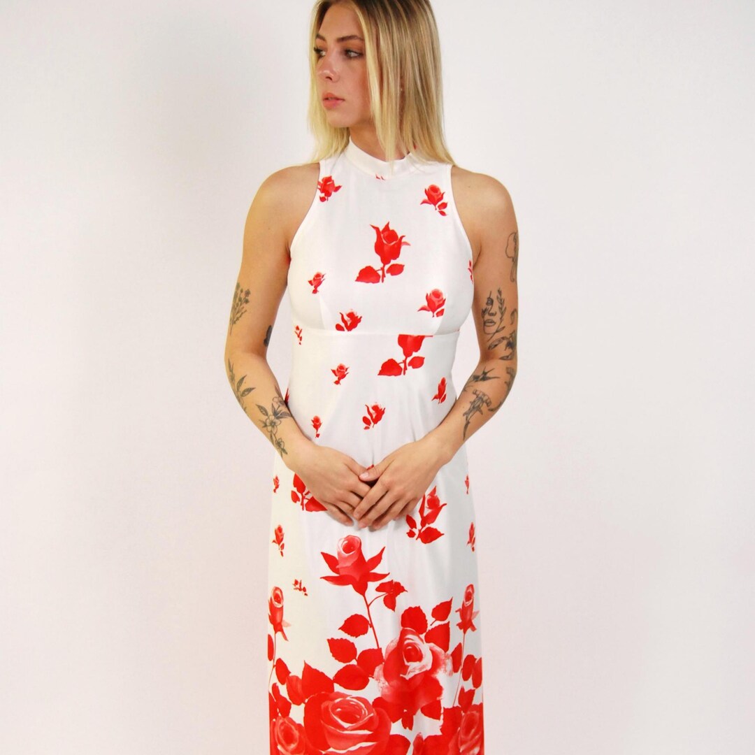 red floral high neck dress FIHAD- Long Floral Hi Neck Dress with Shutters