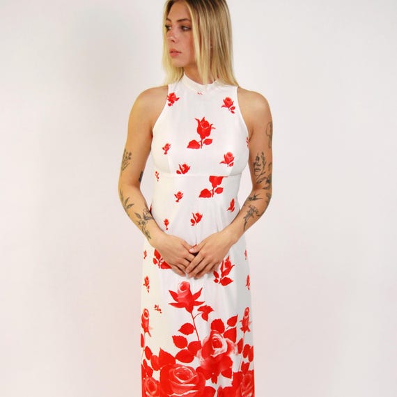 white dress with red print 60s Floral Gown (S) Vintage White Red Rose Print Dress Small