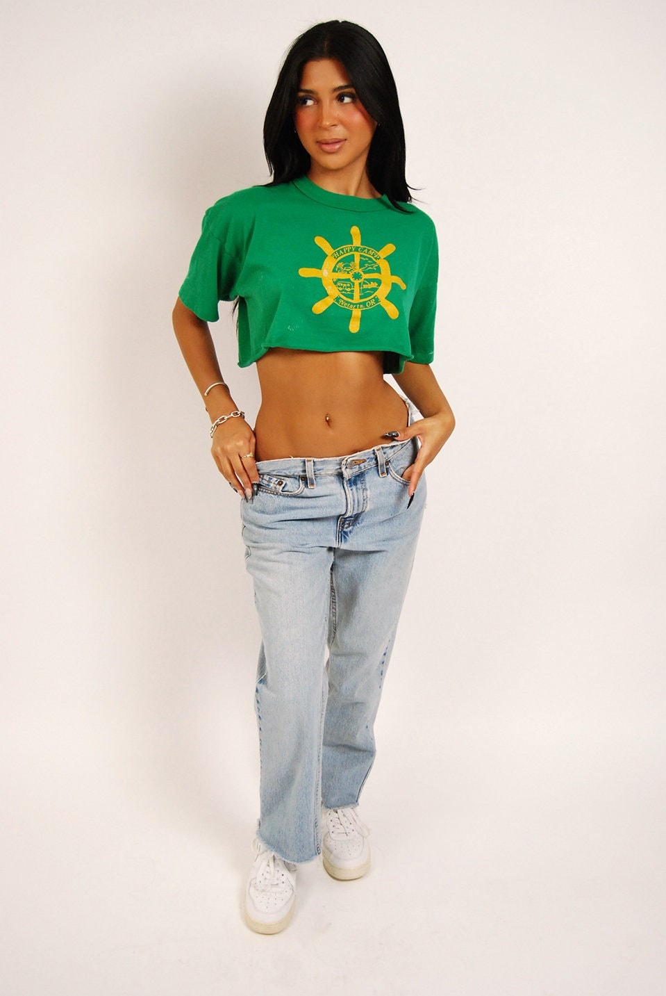 Vintage Camp Crop Top (XL) 80s Green Yellow Happy T-shirt Netarts