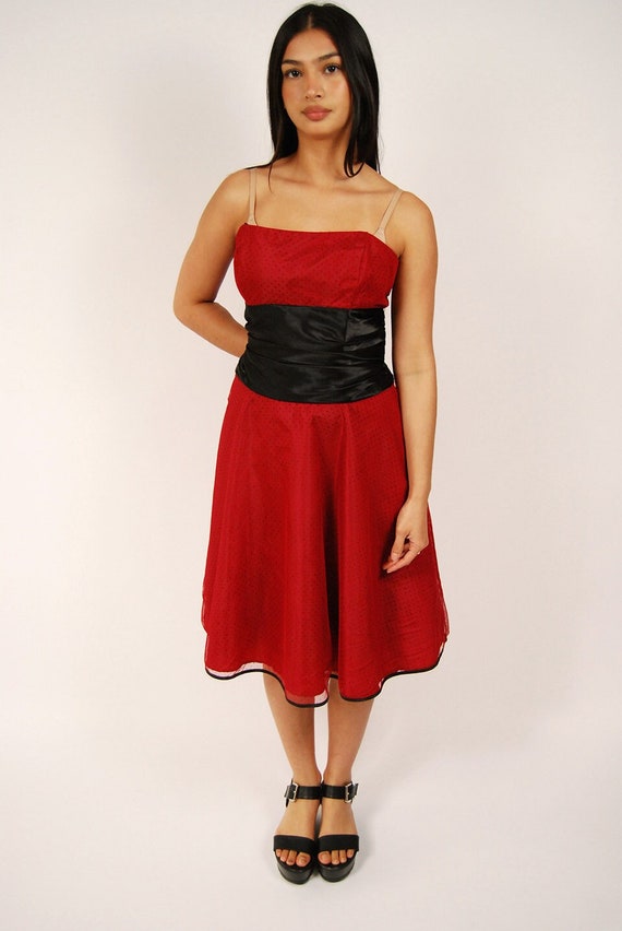 90s Prom Dress (M) vintage red polka dot ruched h… - image 1