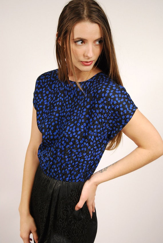 80s Silk Dress (6) blue black polka dots vintage … - image 5