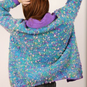 80s Fuzzy Cardigan L teal purple rainbow oversized kidcore sweater knit vintage large image 6