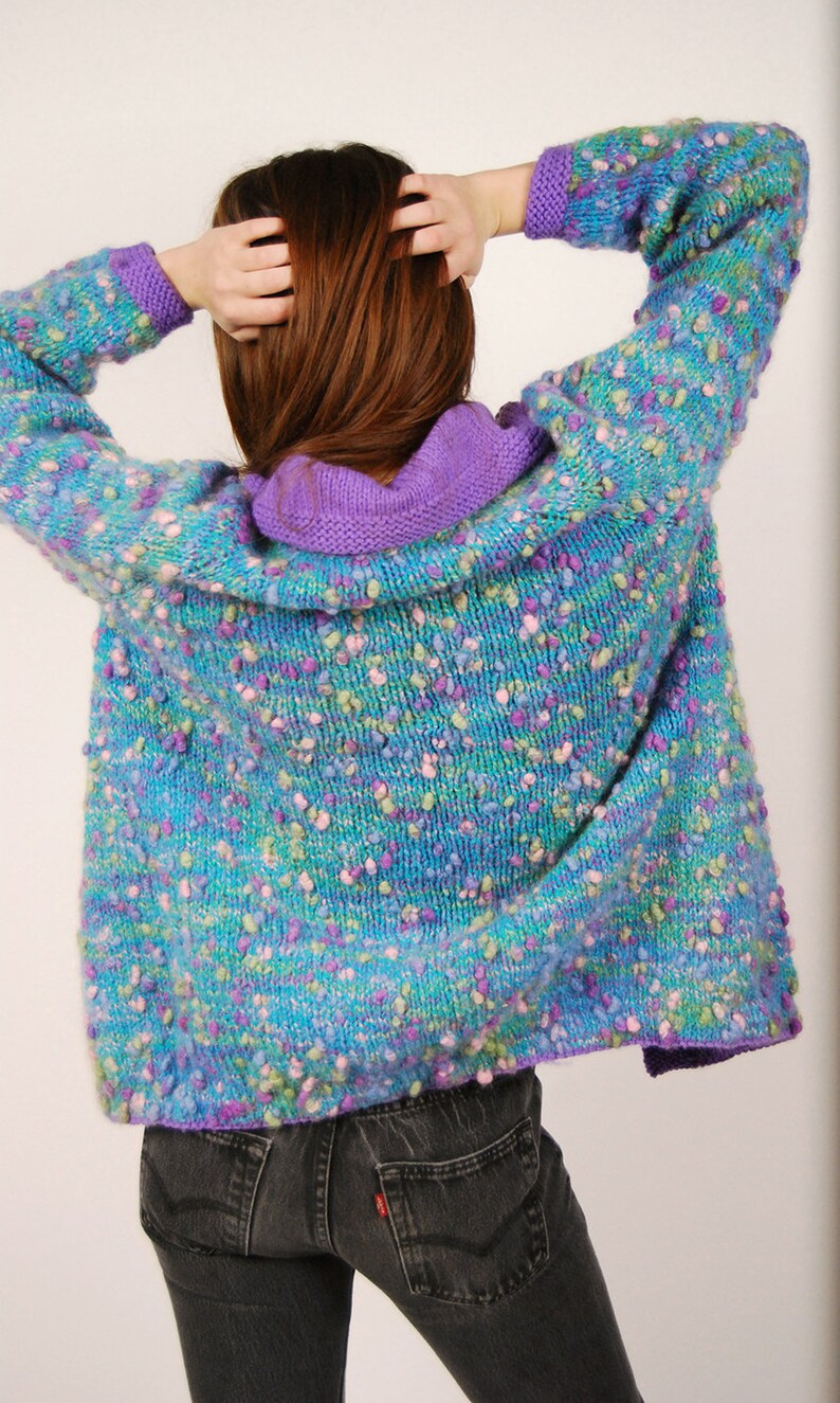 80s Fuzzy Cardigan L teal purple rainbow oversized kidcore sweater knit vintage large image 6