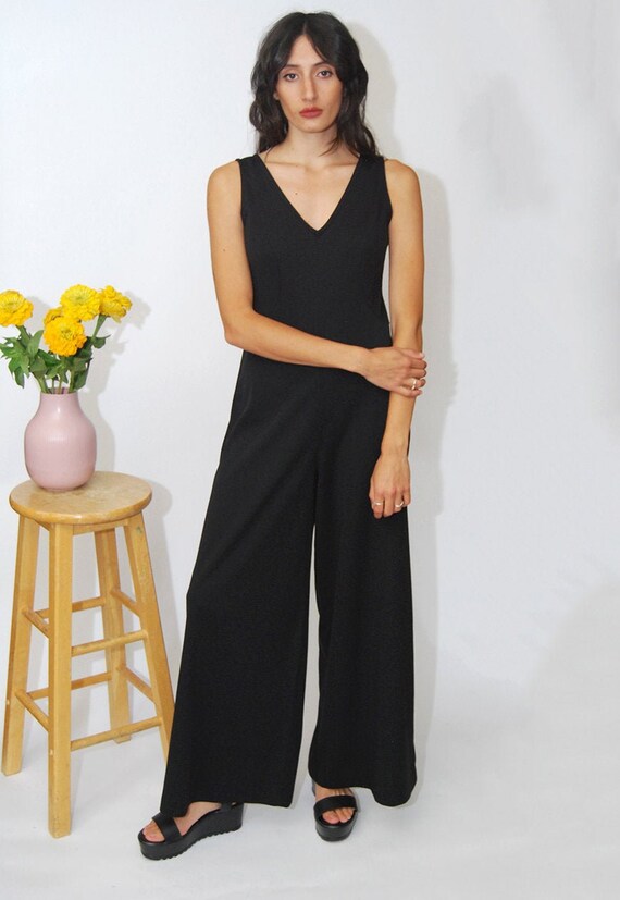 Wide Leg Jumpsuit (M) vintage 70s black palazzo pa