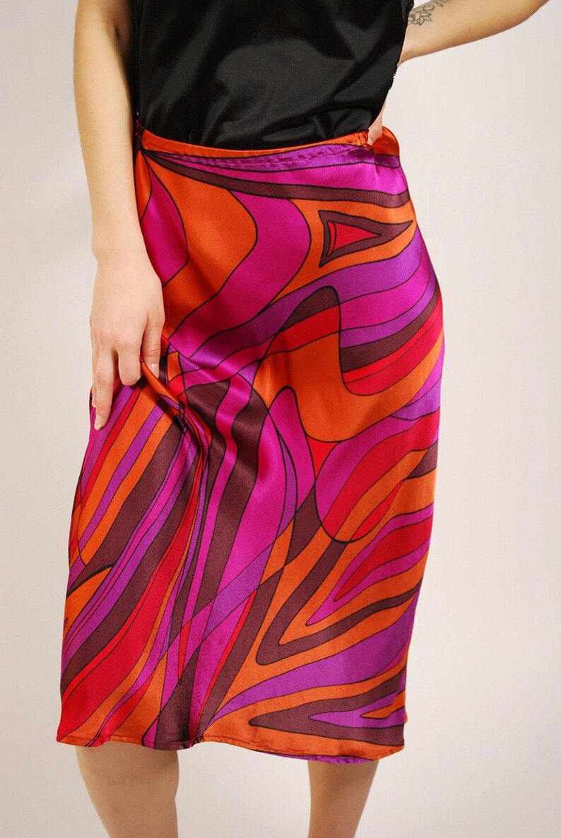 90s Abstract Skirt 26 vibrant purple orange pink brown geometric silky midi skirt small image 4