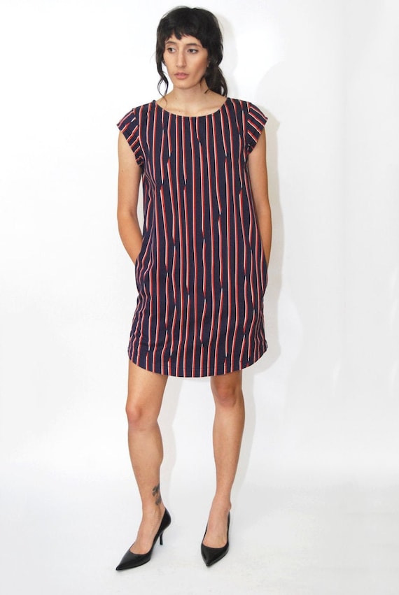 vintage SHIFT DRESS (S/M) navy blue 90s stripe abs