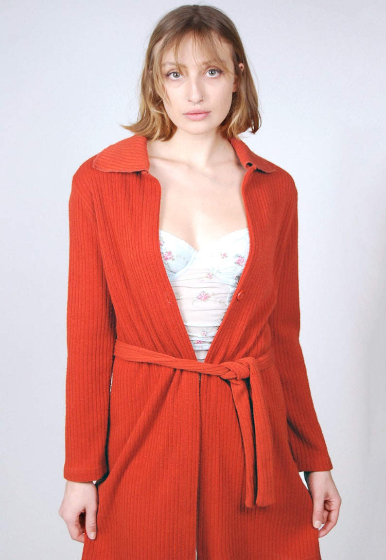 90s Long Cardigan L vintage rust brown orange knit sweater coat jacket tie belt wrap women slim fit robe spring summer ribbed minimal y2k image 4