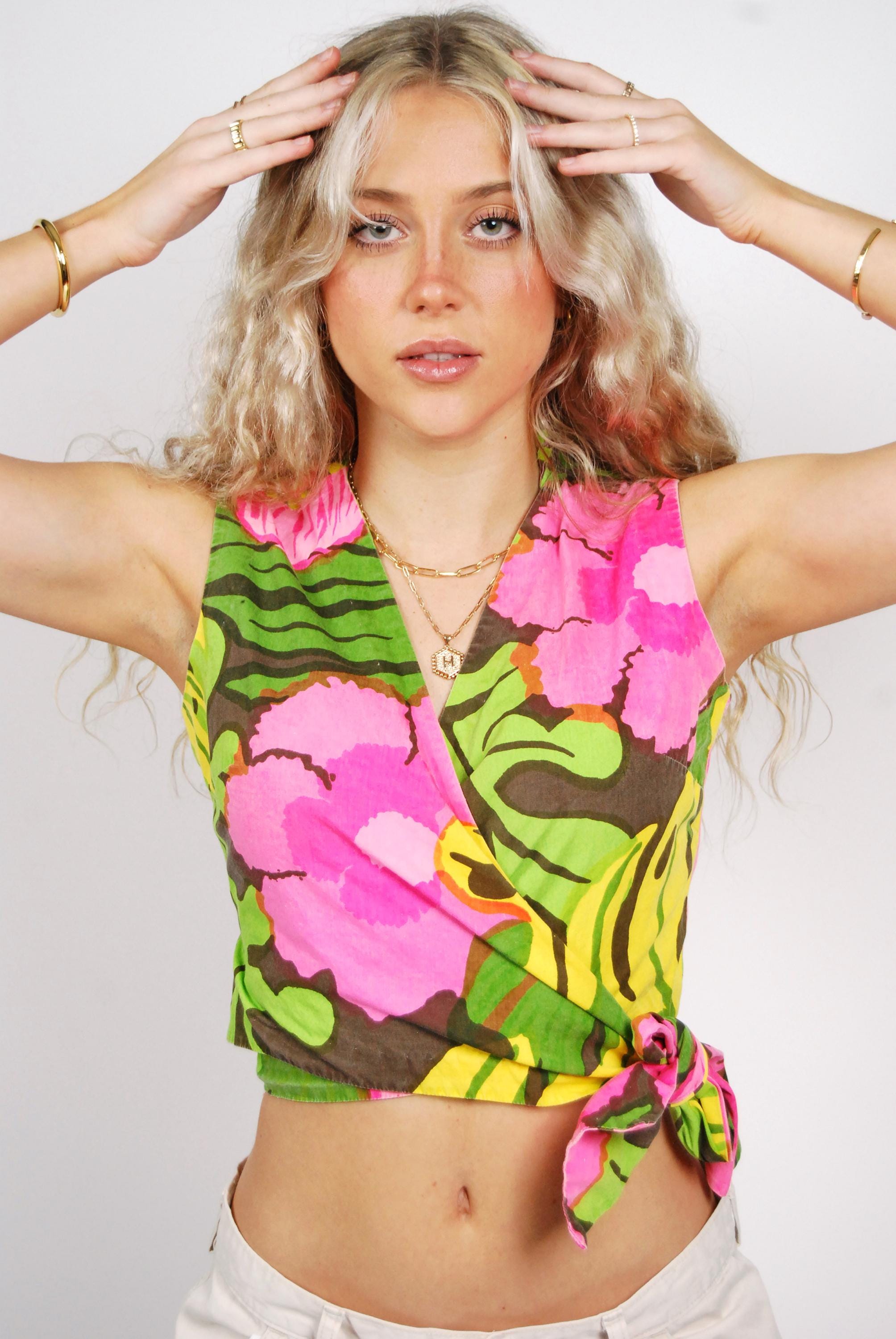 60s Wrap Crop Top (M) Medium Green Floral Vintage - Etsy