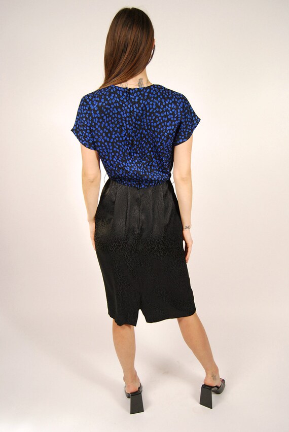 80s Silk Dress (6) blue black polka dots vintage … - image 3