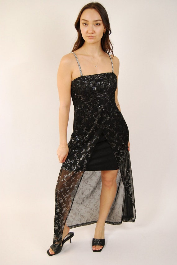 90s Glittery Fishtail Dress (M) vintage black flor