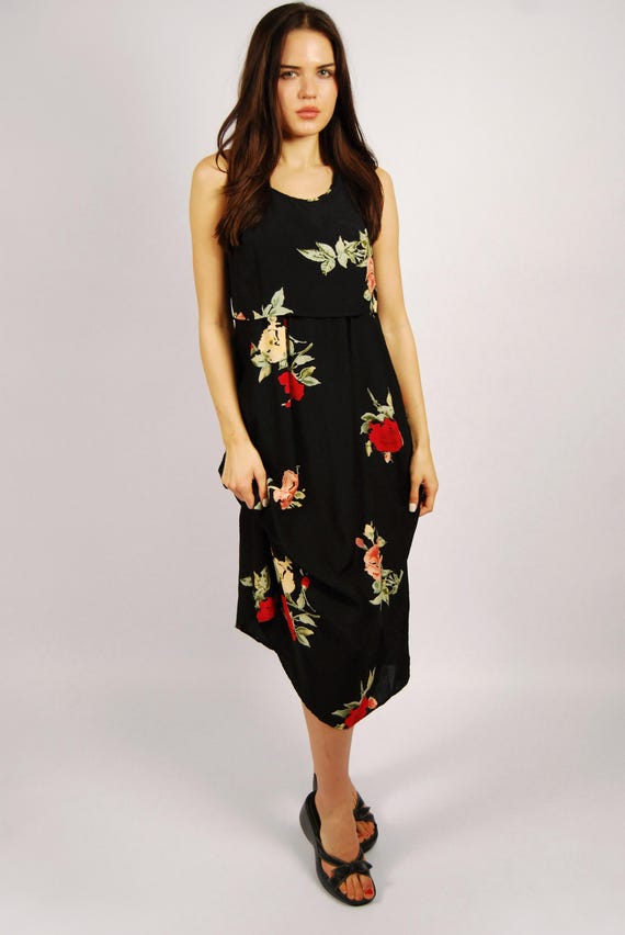 90s tank dress 90s Tank Dress (6) Black Floral Vintage Midi