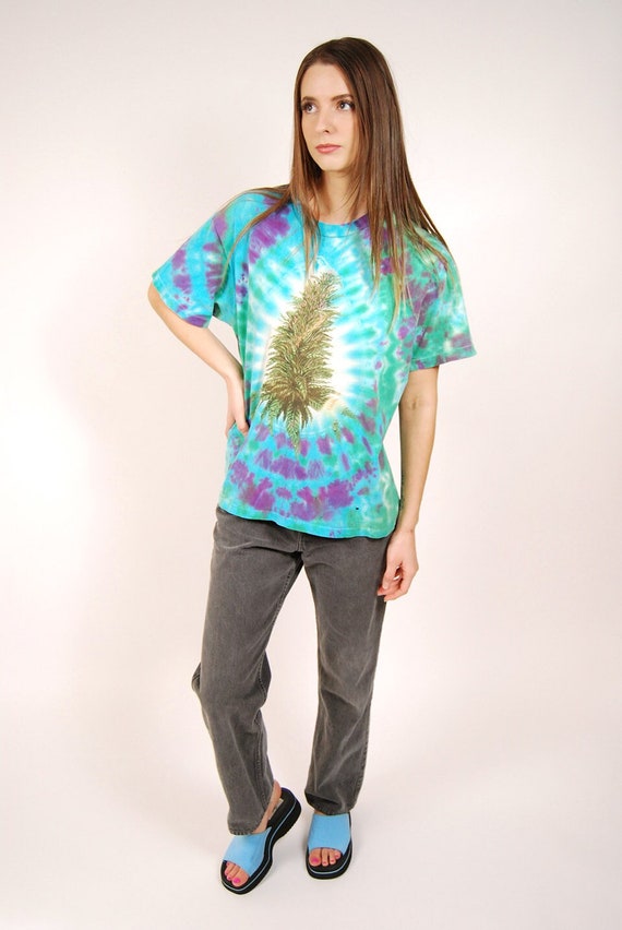 90s Weed T-shirt (L) vintage teal tie dye marijuan