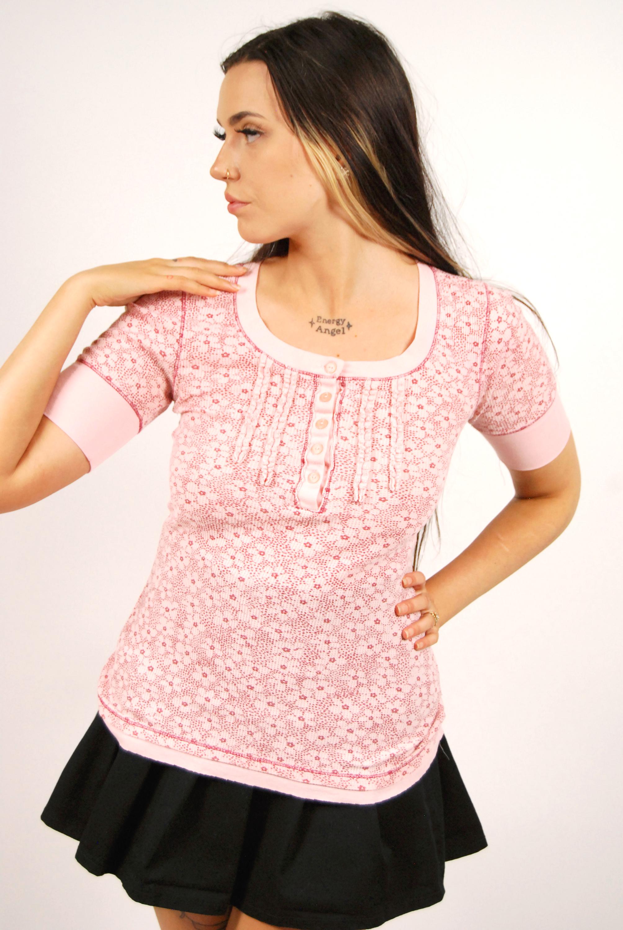 Y2K Pink Floral Henley Top (S) Waffle Knit Small Womens Daisy - Etsy