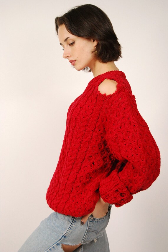 Distressed Fisherman Sweater (L) vintage 80s red … - image 4