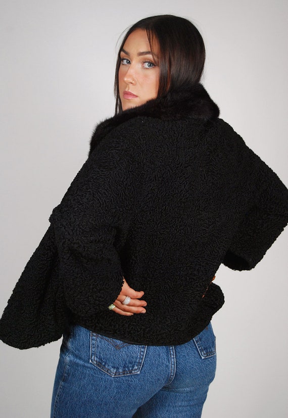 50s Astrakhan Fur Jacket (L) vintage black swing … - image 9