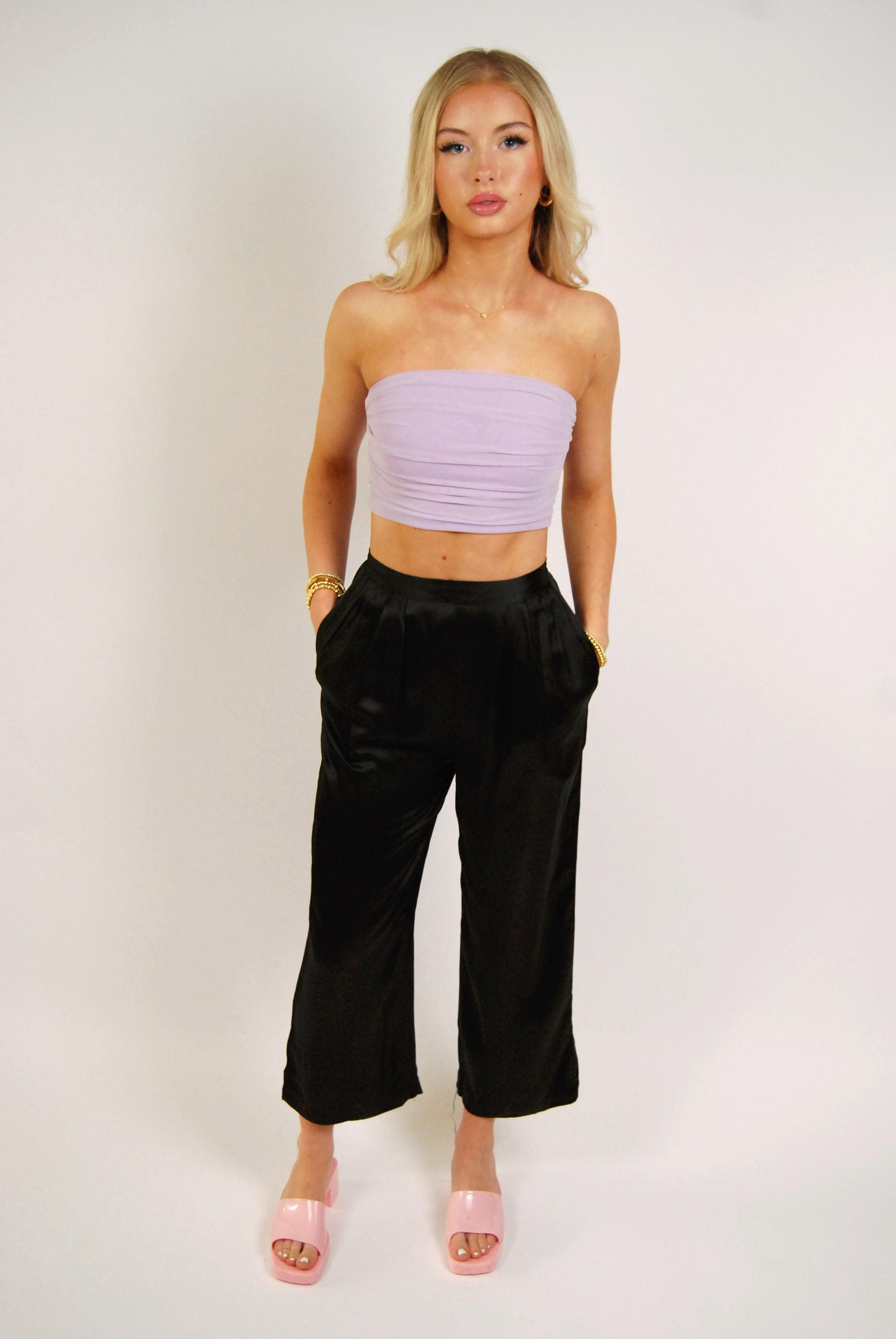 Vintage 60s Satin Trousers (XS) Black High Waisted Straight Leg